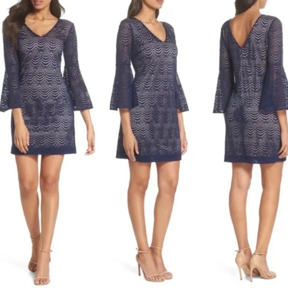 Lilly Pulitzer Nicoline Scalloped Shell Lace Bell Sleeve Dress Navy Blue